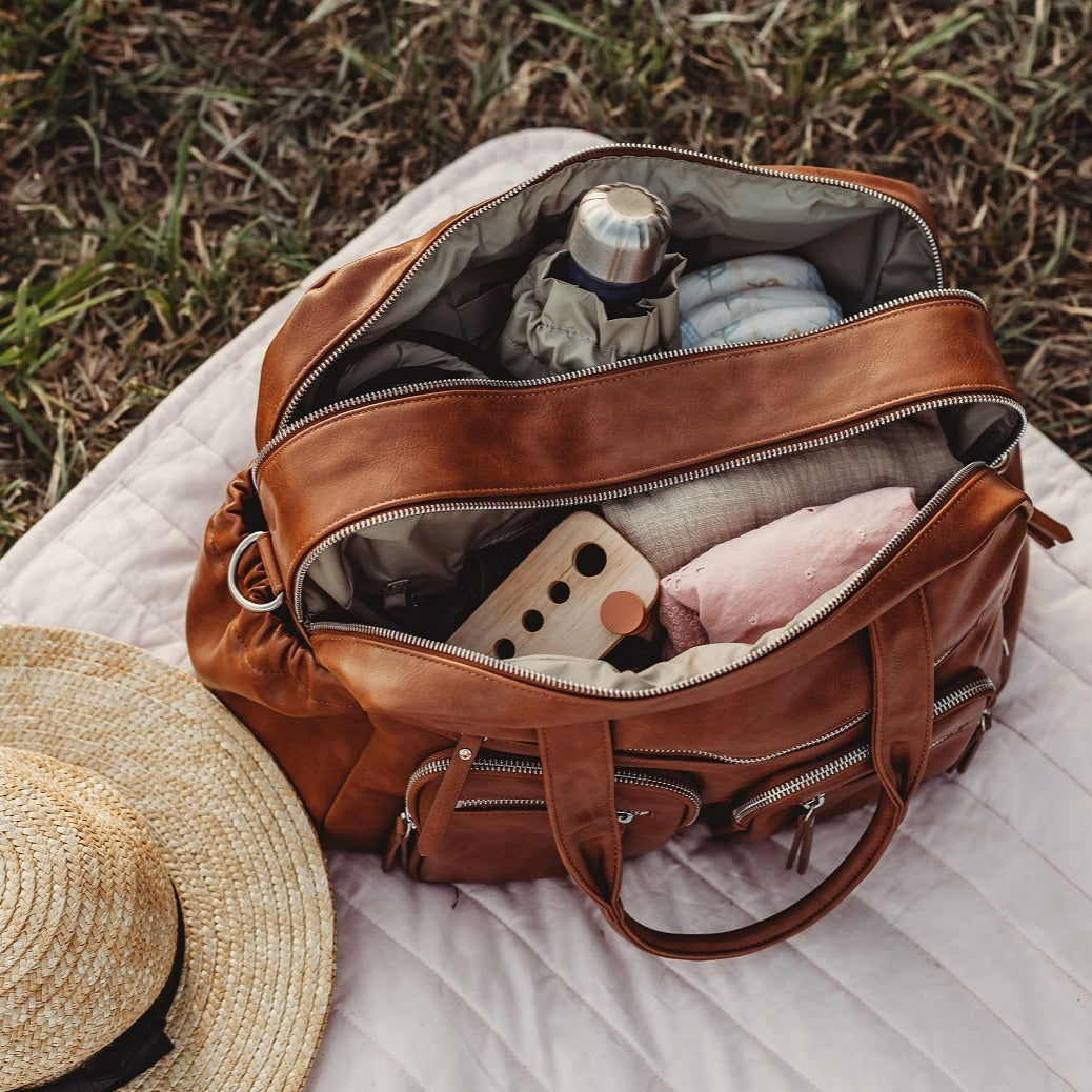 Faux Leather Carry All Diaper Bag - Tan
