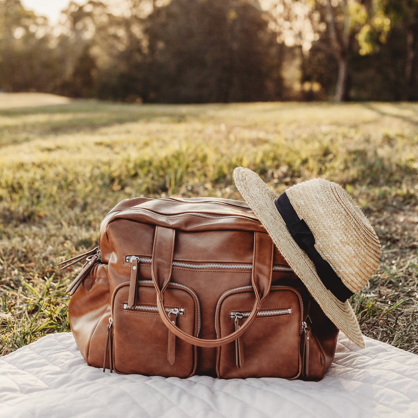Faux Leather Carry All Diaper Bag - Tan