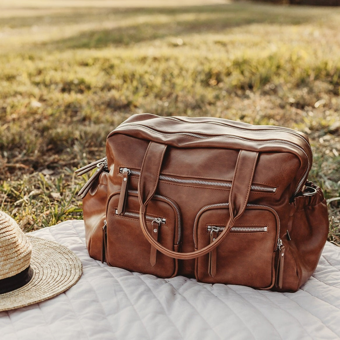 Faux Leather Carry All Diaper Bag - Tan