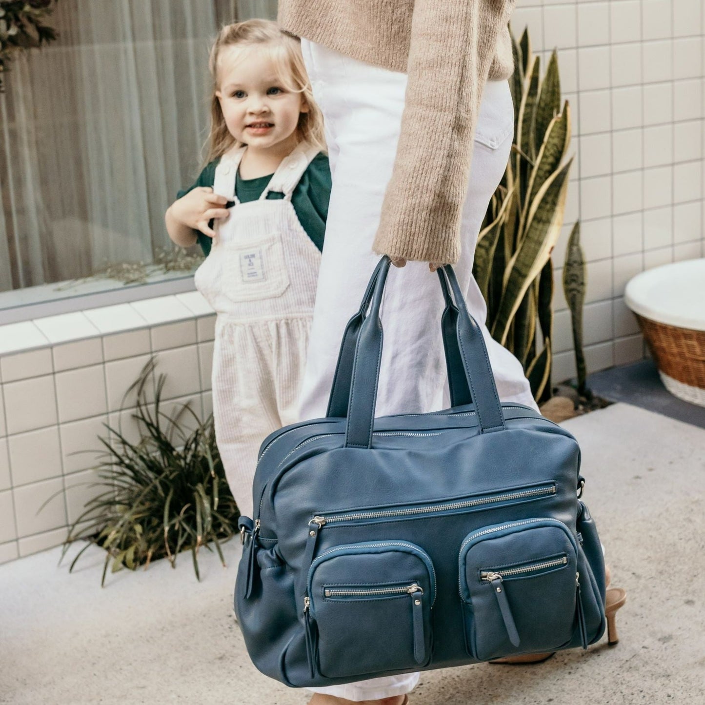 Faux Leather Carry All Diaper Bag - Stone Blue